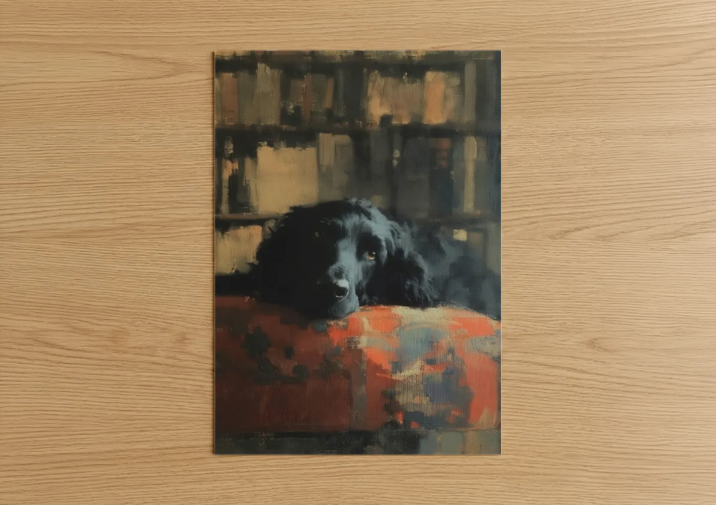 Art print on warm oak wood — gold and black palette — Resting Spaniel poster
