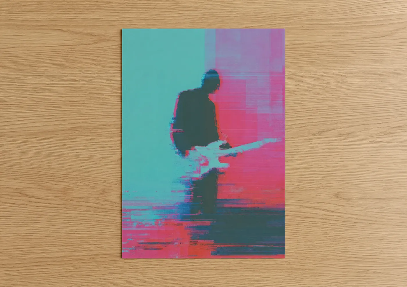 Rock'n roll art print on warm oak wood — turquoise and magenta palette — Neon Rocker poster
