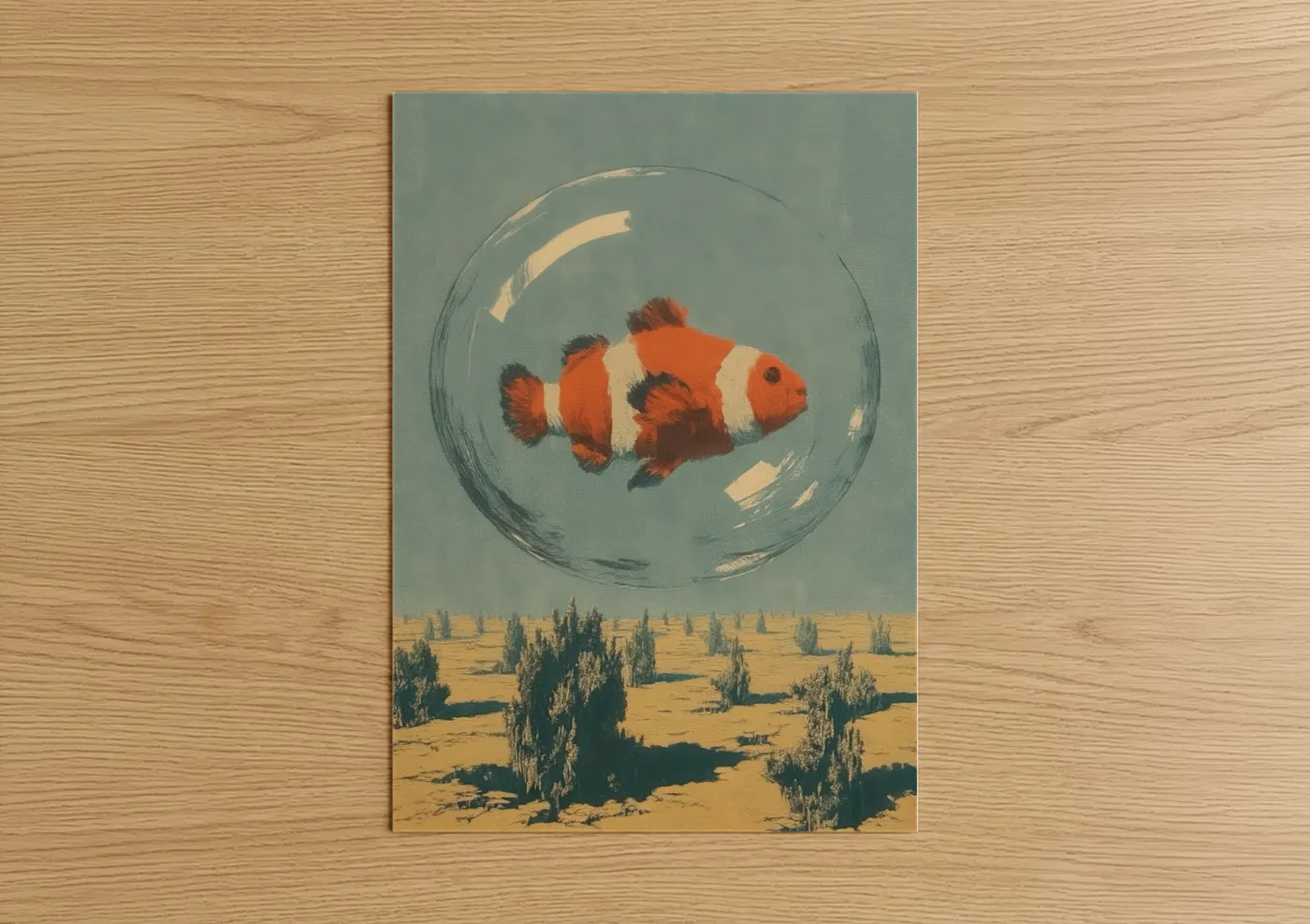 Surreal Clownfish Bubble Desert Landscape Wall Art