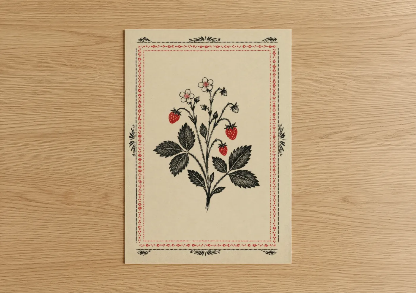 Flower art print on warm oak wood — red and black and white palette — Vintage Strawberry Botanical Wall Art poster