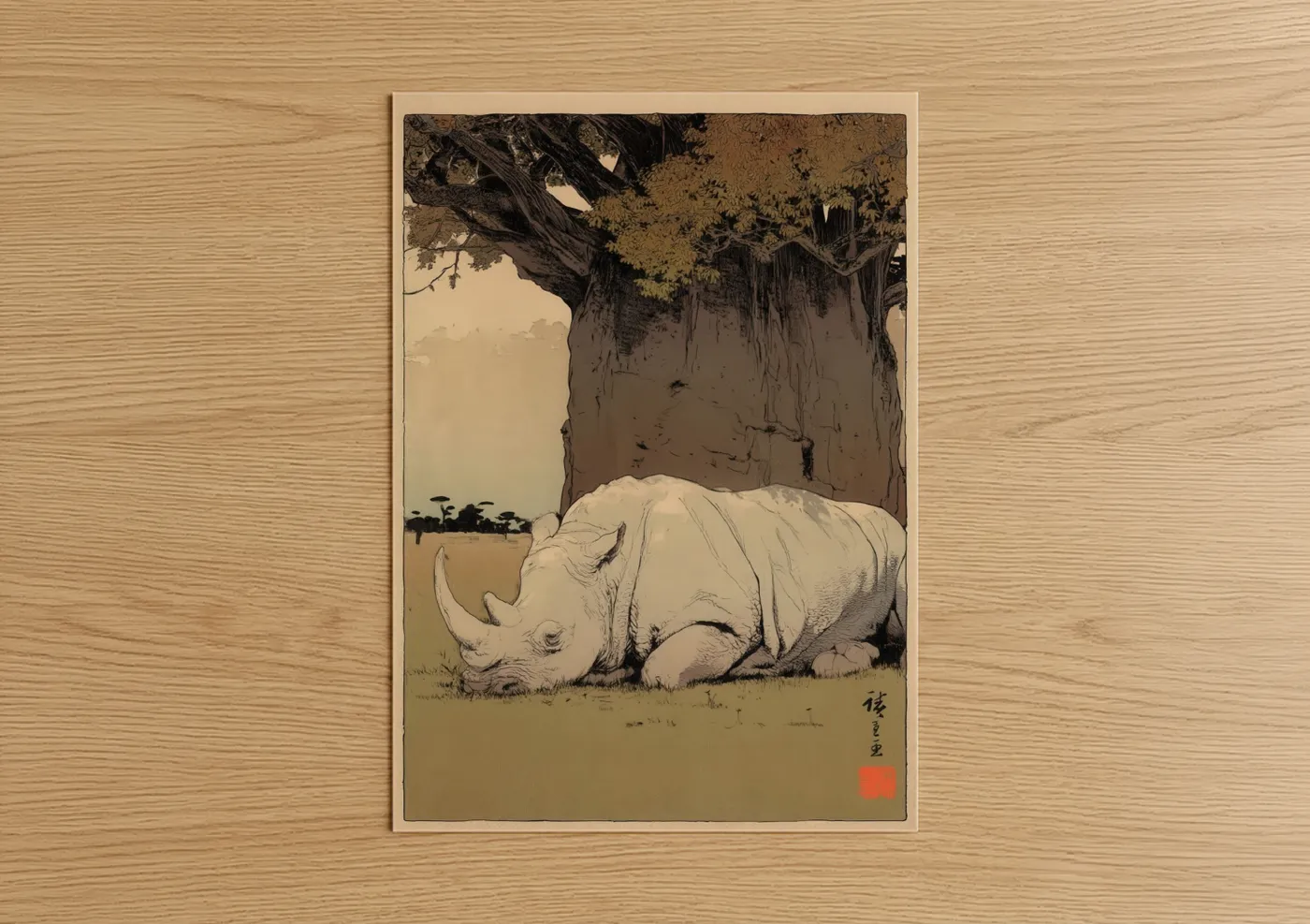 Ancient Rhino Under Baobab Tree Wall Art