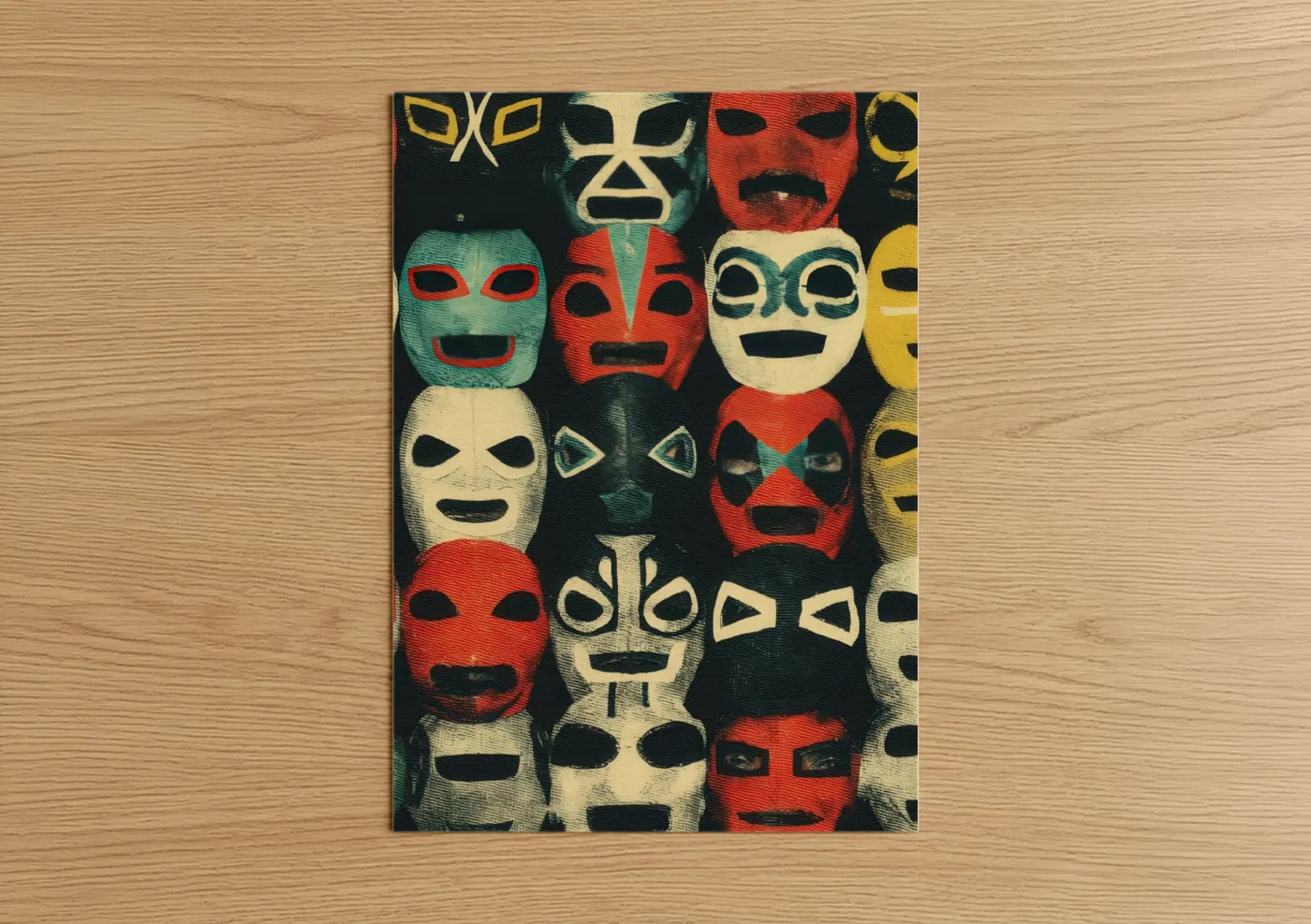 Wrestling art print on warm oak wood — red and teal palette — Lucha Libre Masks poster