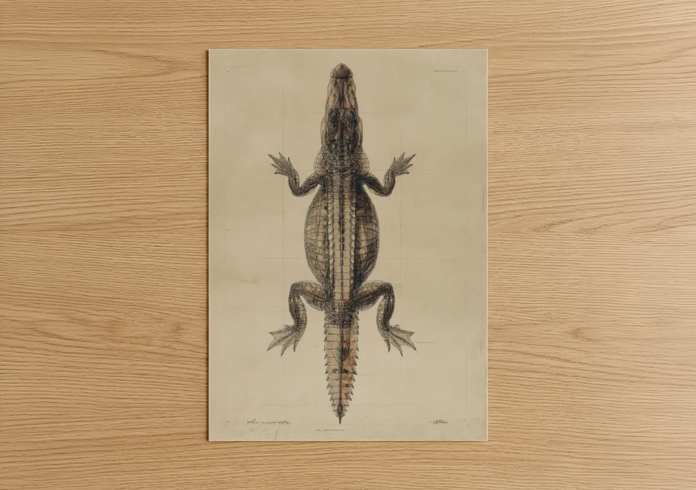 Art print on warm oak wood — beige and black and white palette — Anatomical Alligator poster