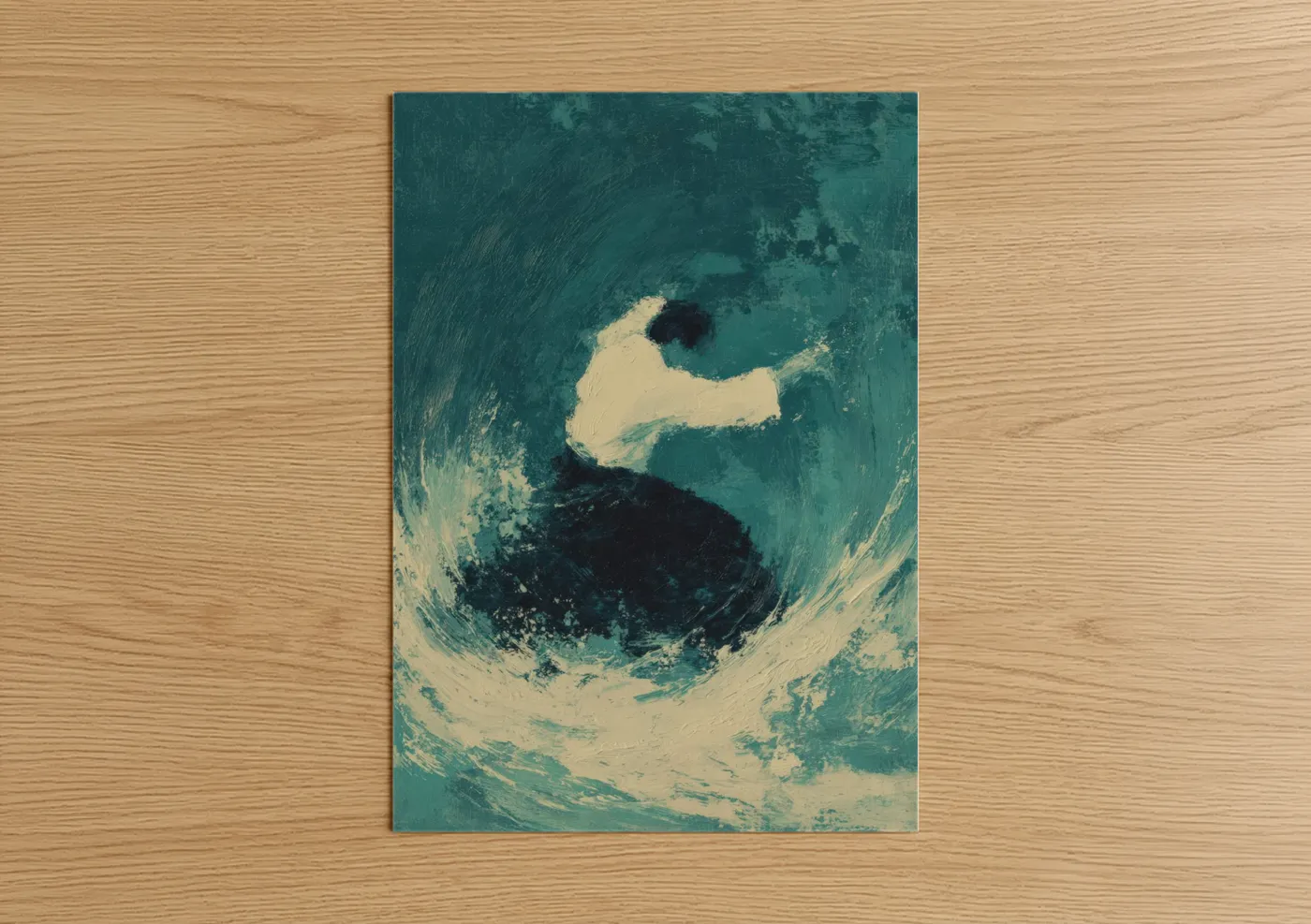 Art print on warm oak wood — teal and cream palette — Flowing Aikido poster