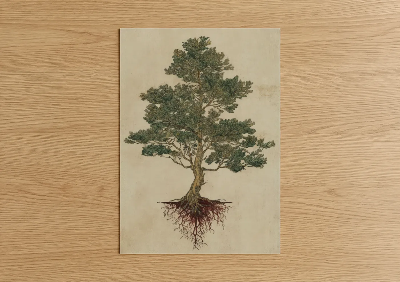 Cypress tree art print on warm oak wood — dark green and beige palette — Ancient Cypress poster