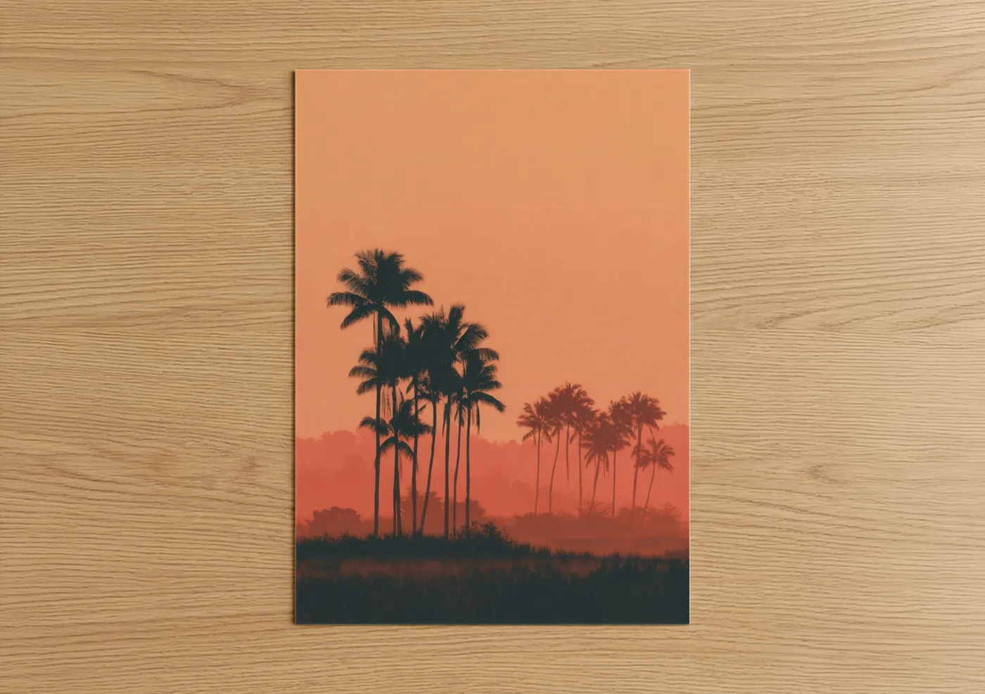 Palm forest art print on warm oak wood — gold and orange palette — Tropical Sunset Palms poster