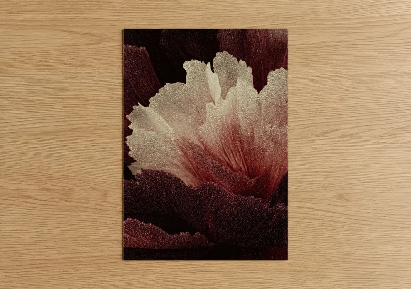 Body art art print on warm oak wood — maroon and cream palette — Crimson Bloom Abstract poster
