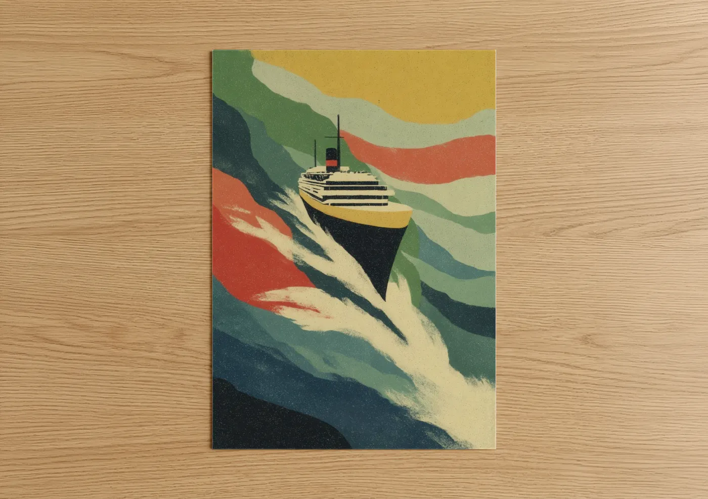 Cruise ship art print on warm oak wood — gold and teal palette — Ocean Voyage poster
