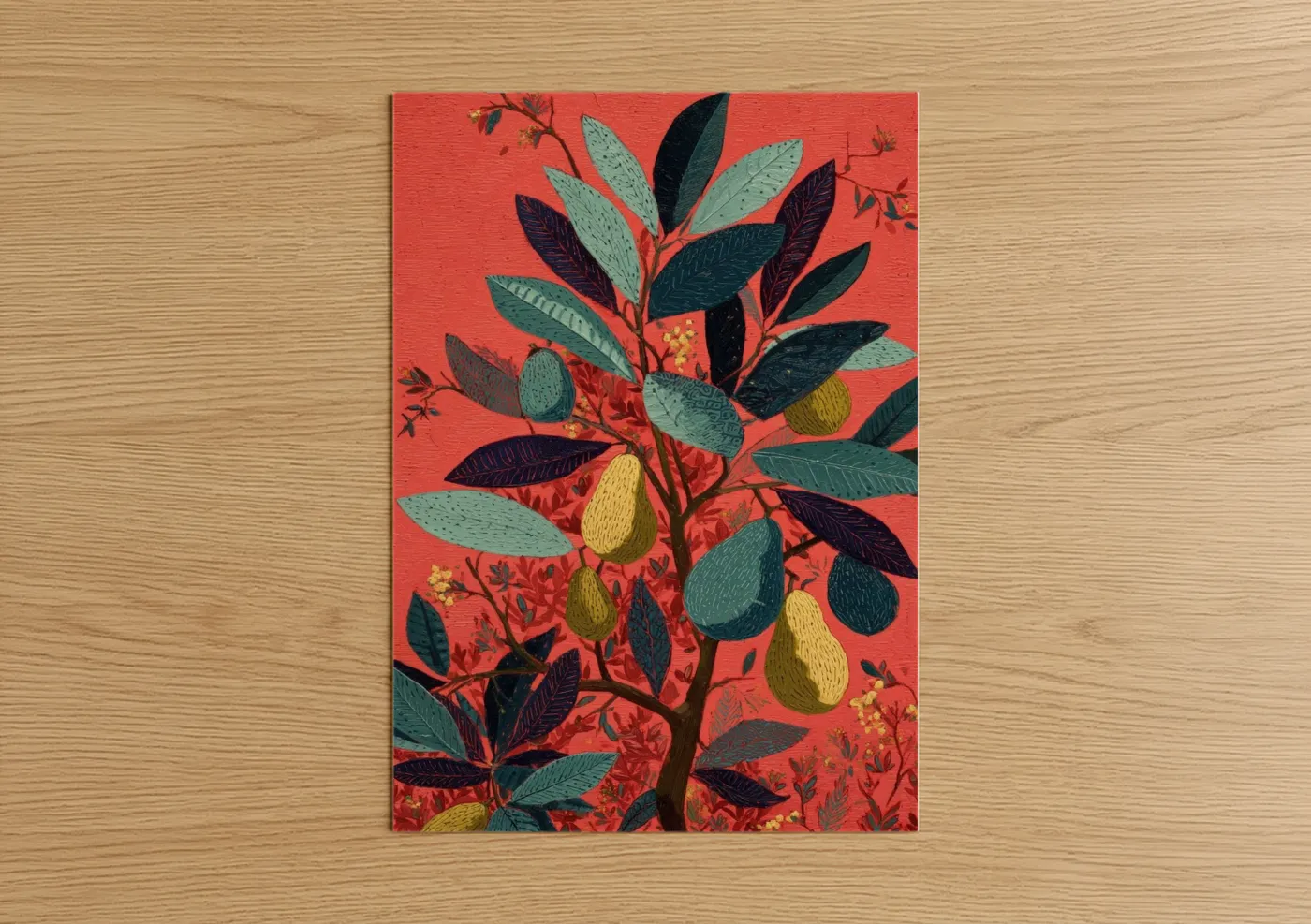 Crimson Fruit Tree Botanical Illustration Wall Art