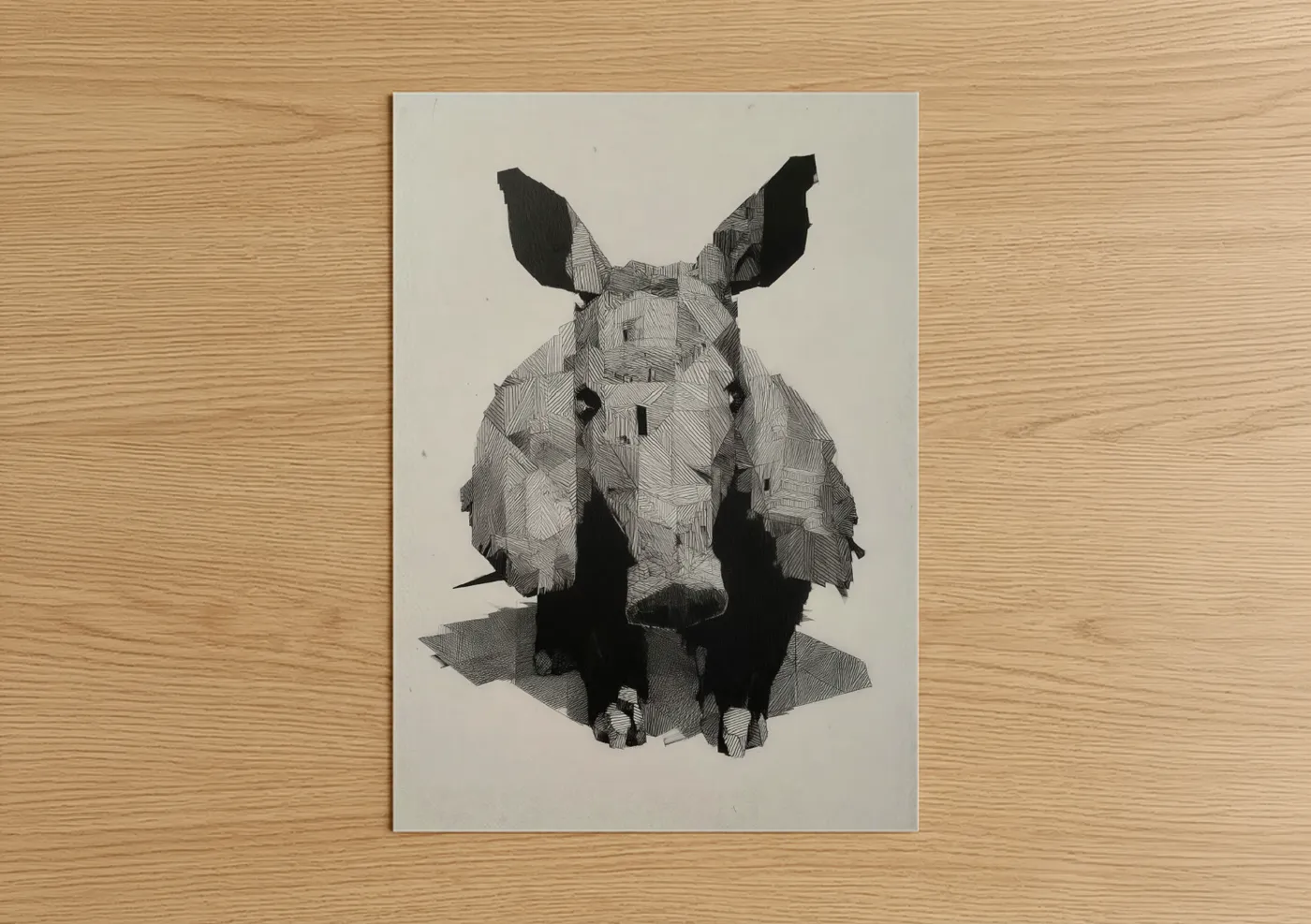 Art print on warm oak wood — black and white palette — Geometric Aardvark poster