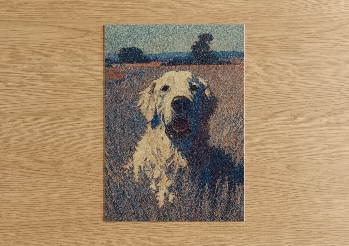 Art print on warm oak wood — cream and blue and gold palette — Golden Field Retriever poster