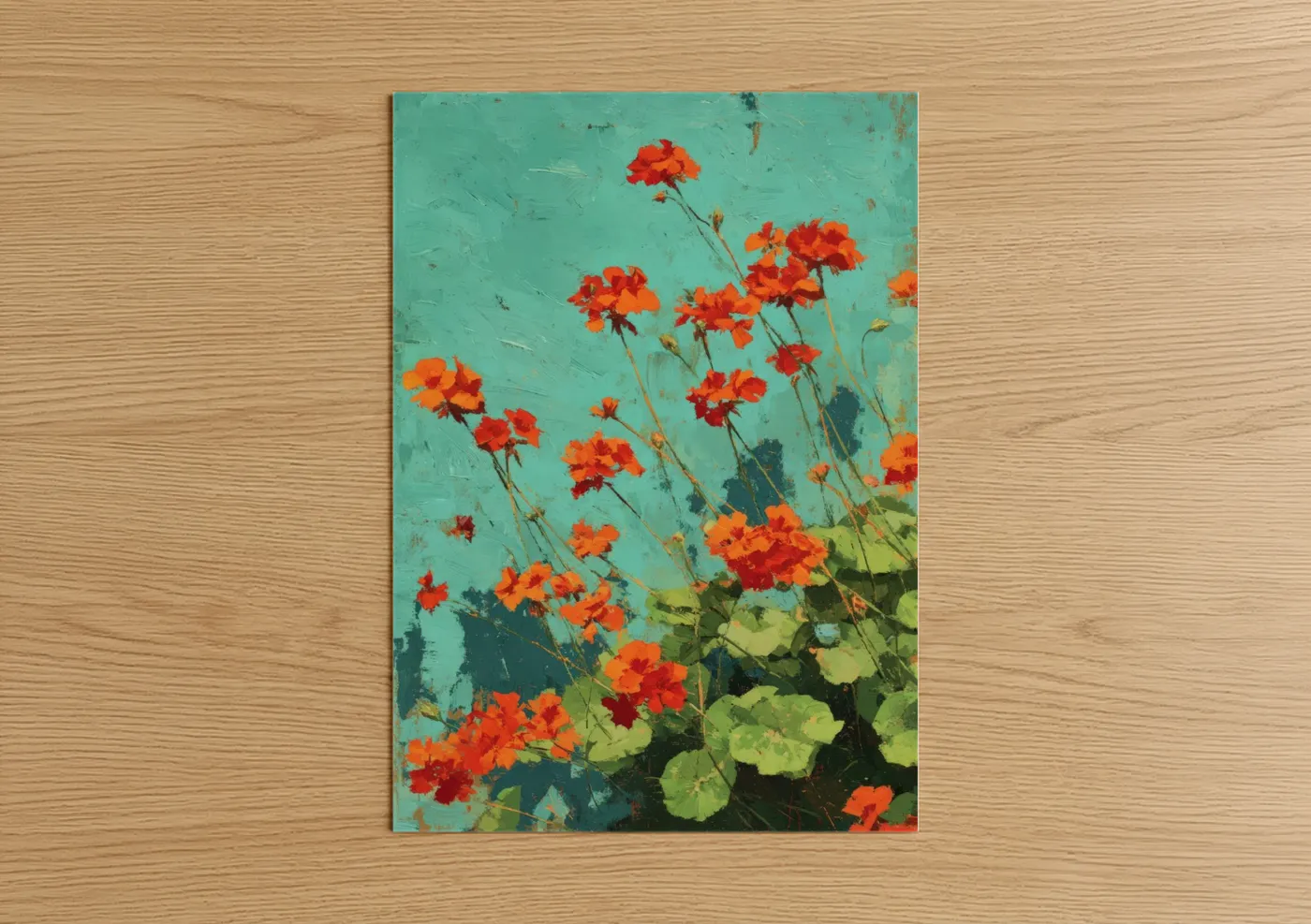 Vibrant Red Geranium Flowers Turquoise Wall Art
