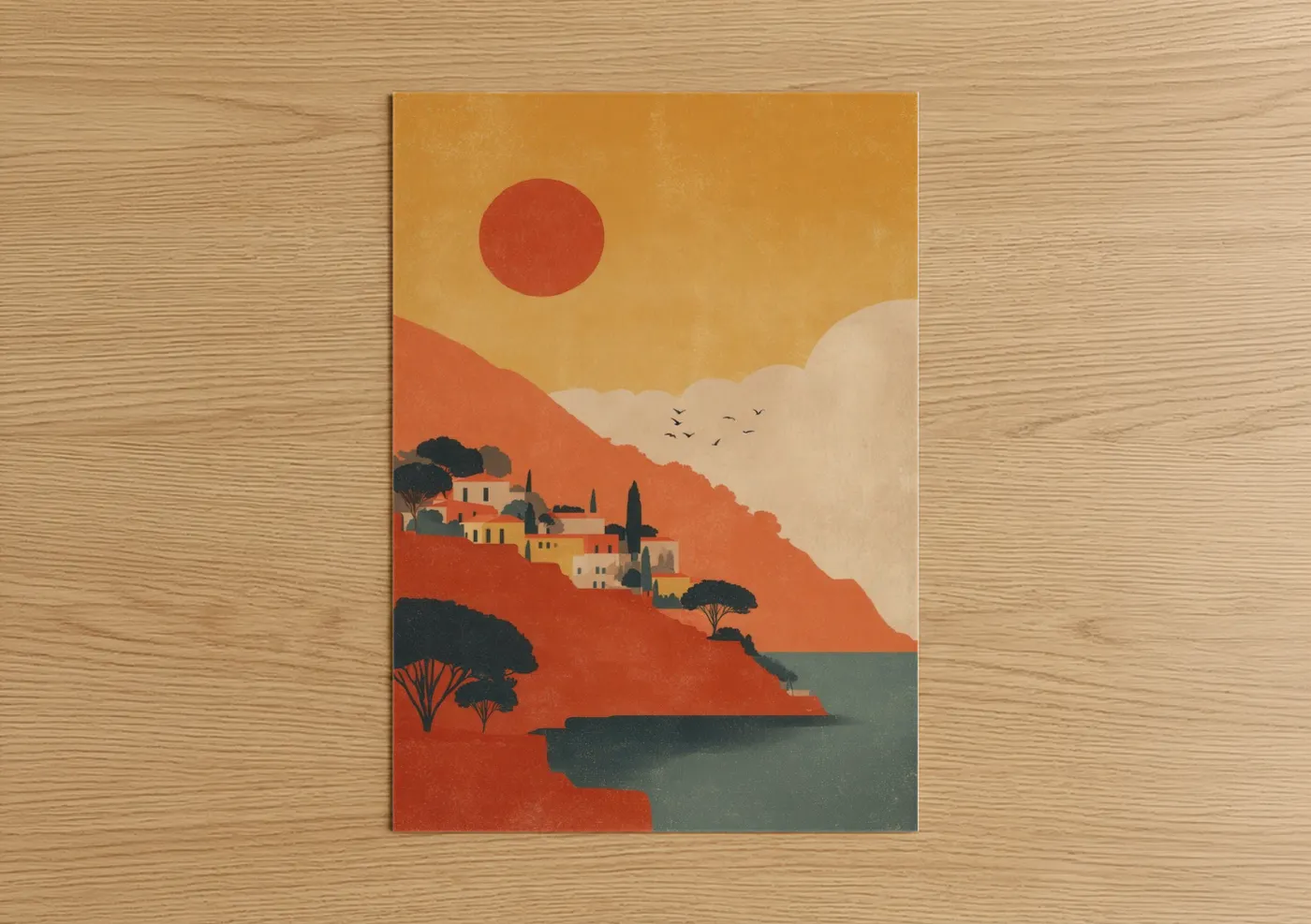 Tuscan Hillside Sunset Illustration Wall Art
