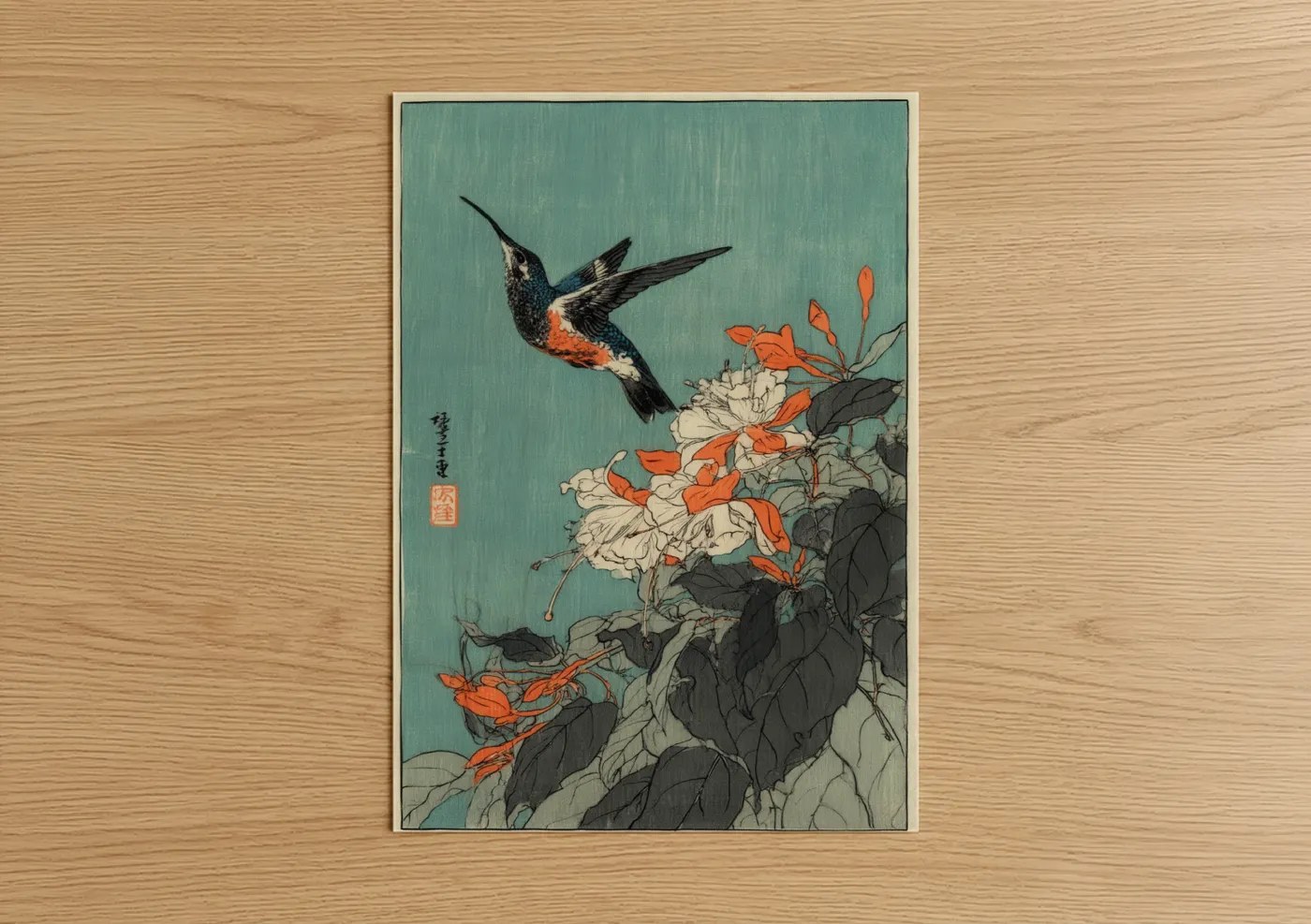 Art print on warm oak wood — teal and orange palette — Hummingbird Blossoms poster