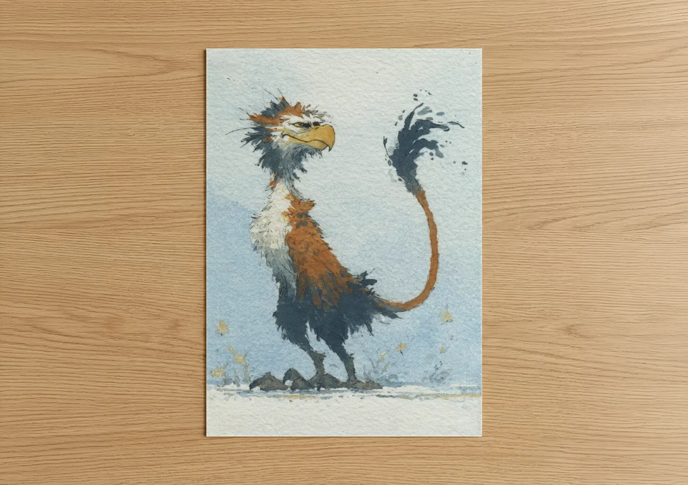 Art print on warm oak wood — blue and gold palette — Majestic Griffin poster