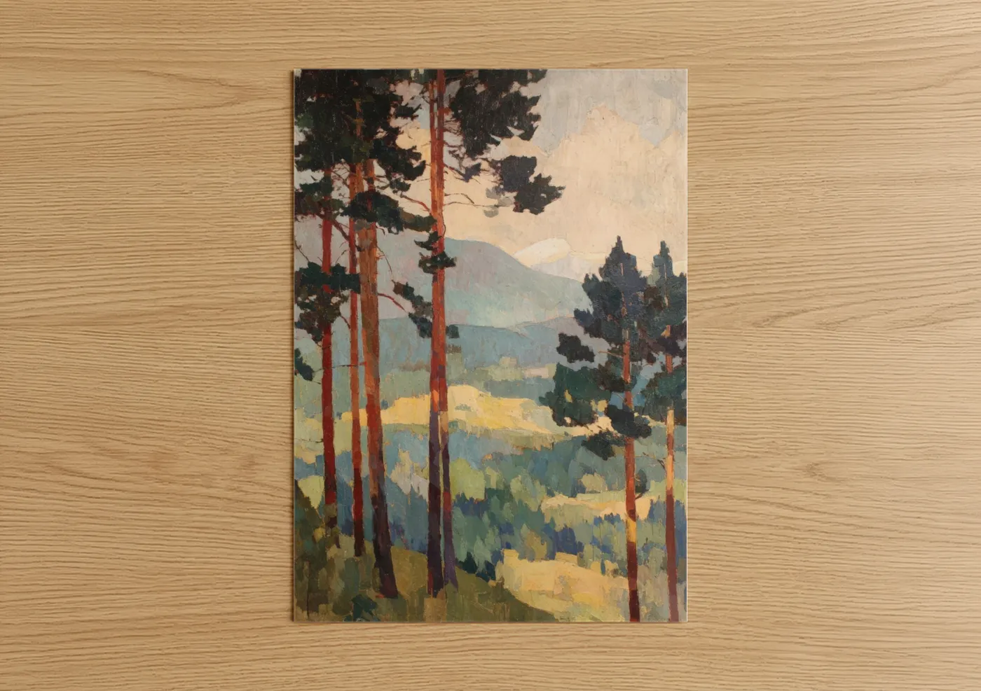 Pine forest art print on warm oak wood — gold and blue and green palette — Mountain Pine Valley poster