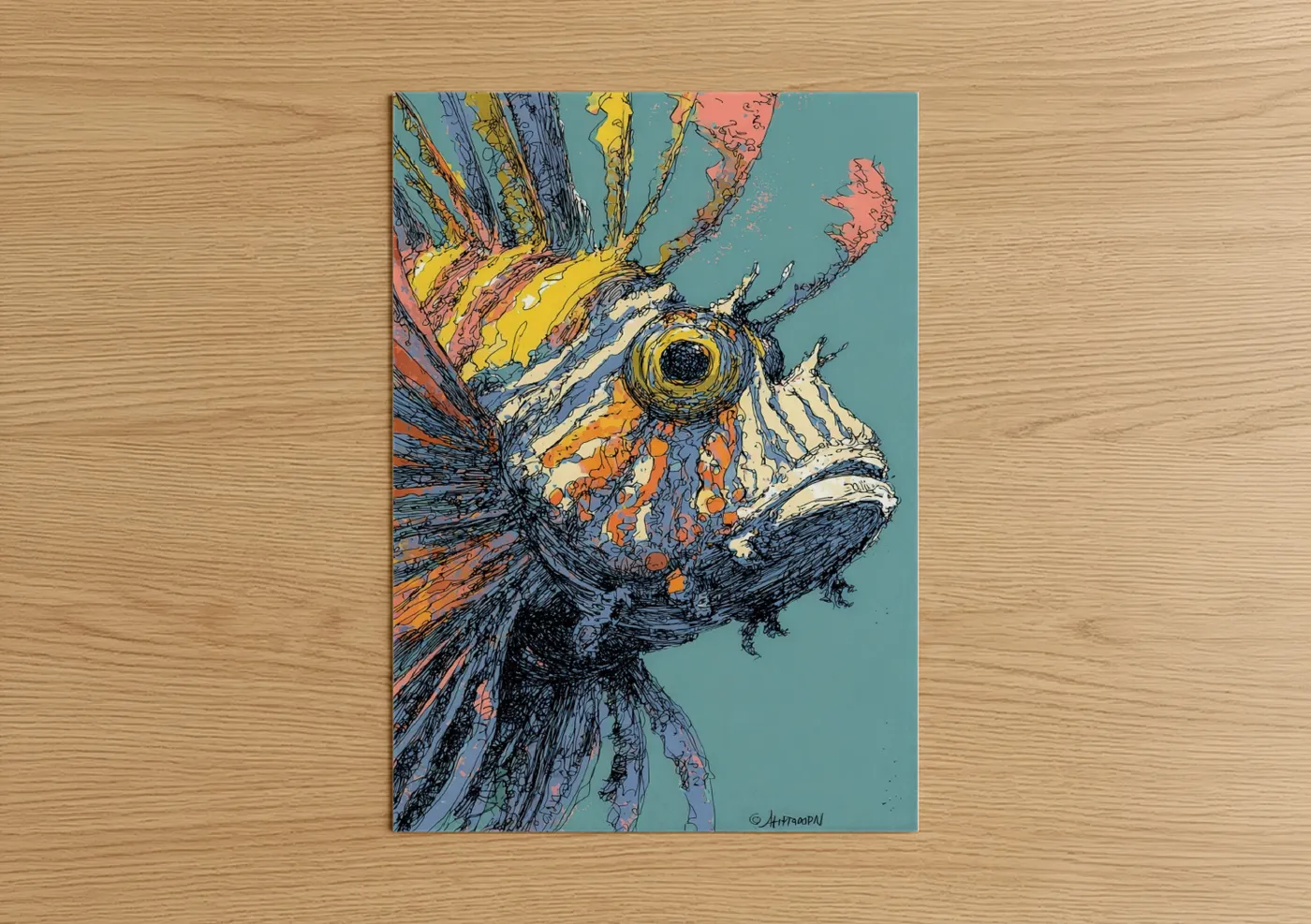Art print on warm oak wood — gold and teal palette — Golden Lionfish poster
