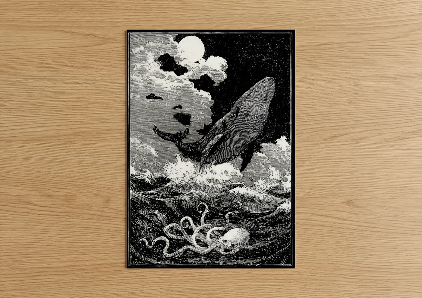 Sperm Whale Moonlit Ocean Engraving Wall Art