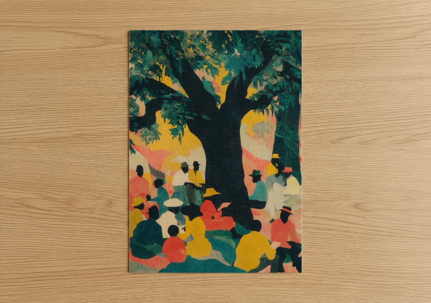Art print on warm oak wood — teal and gold palette — Juneteenth Gathering poster