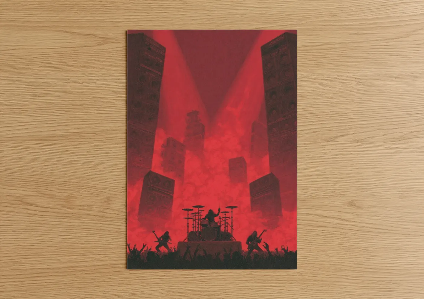 Death metal art print on warm oak wood — red and black palette — Crimson Stage Fury poster
