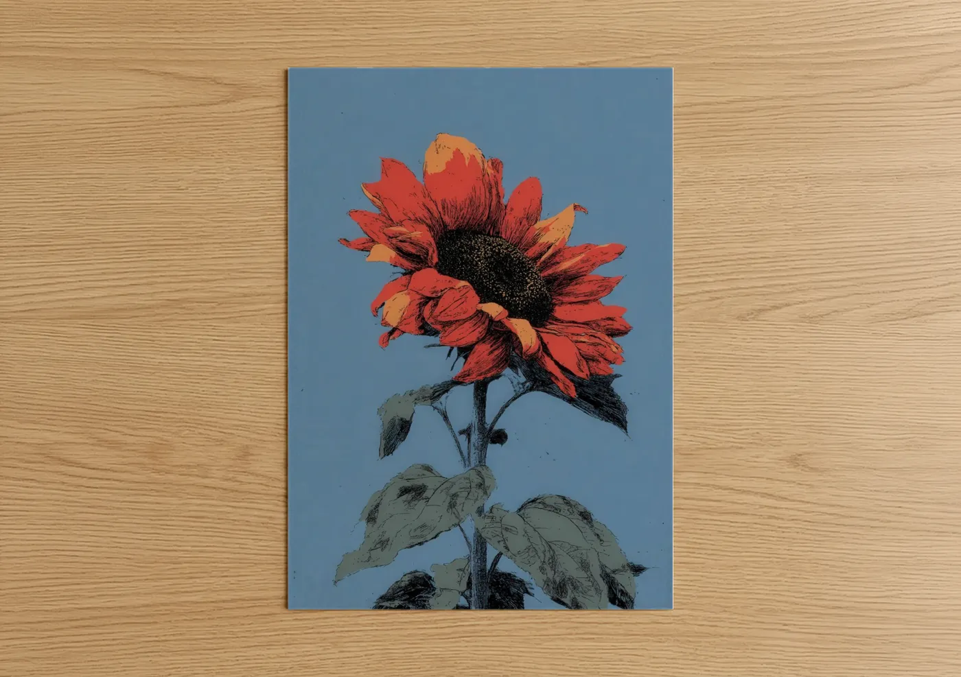 Art print on warm oak wood — red and blue palette — Crimson Sunflower poster