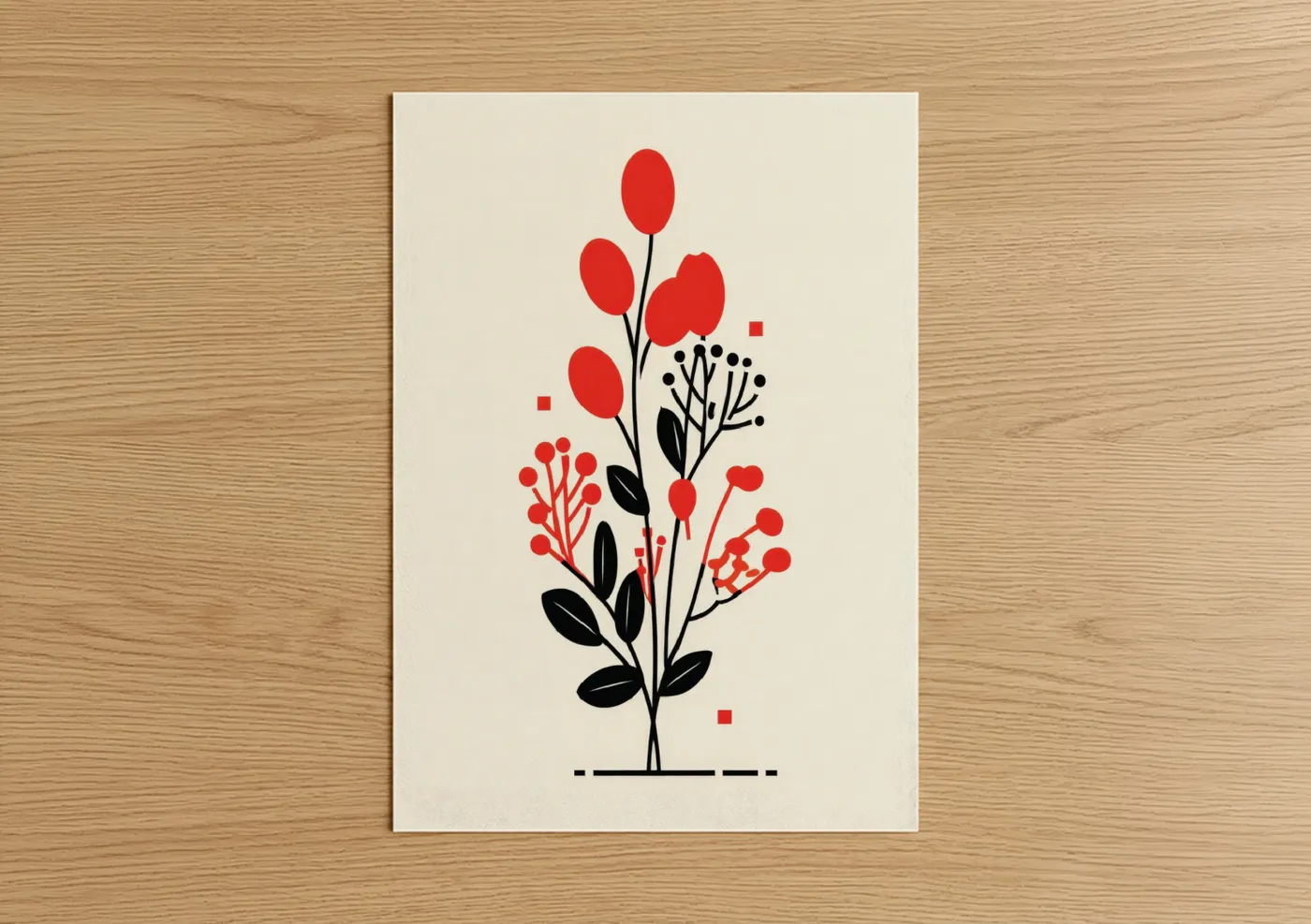 Abstract flower art print on warm oak wood — red and black and white palette — Geometric Red Florals poster