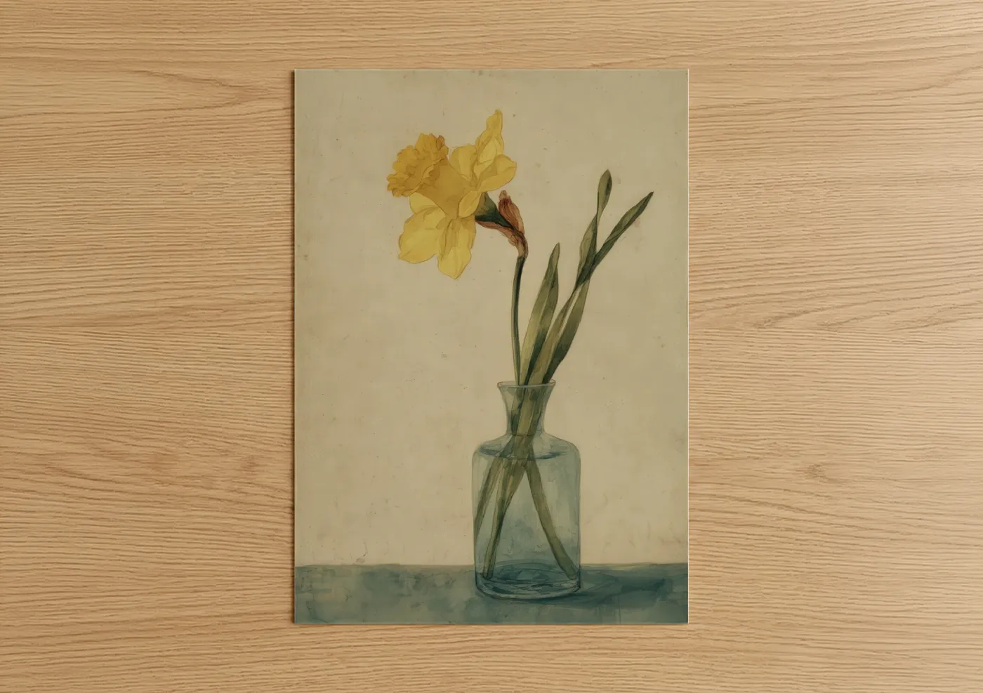 Golden Daffodil in Glass Vase Watercolor Wall Art