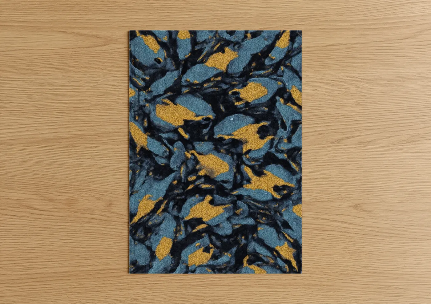 Frogs and toads art print on warm oak wood — blue and yellow gold palette — Golden Frog Pattern poster