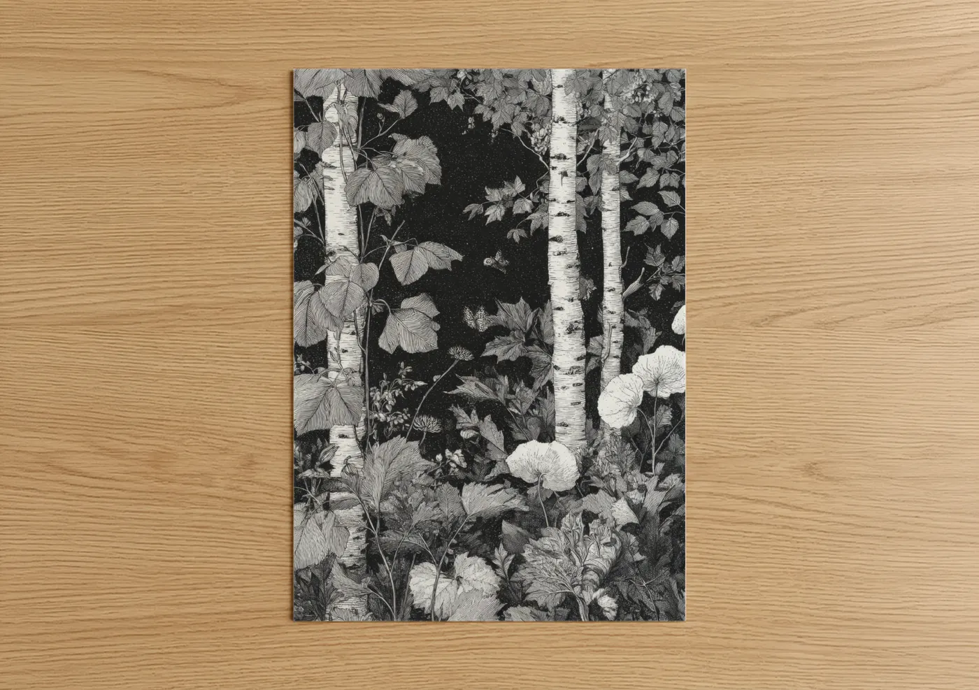 Birch Forest Botanical Illustration Black White Wall Art