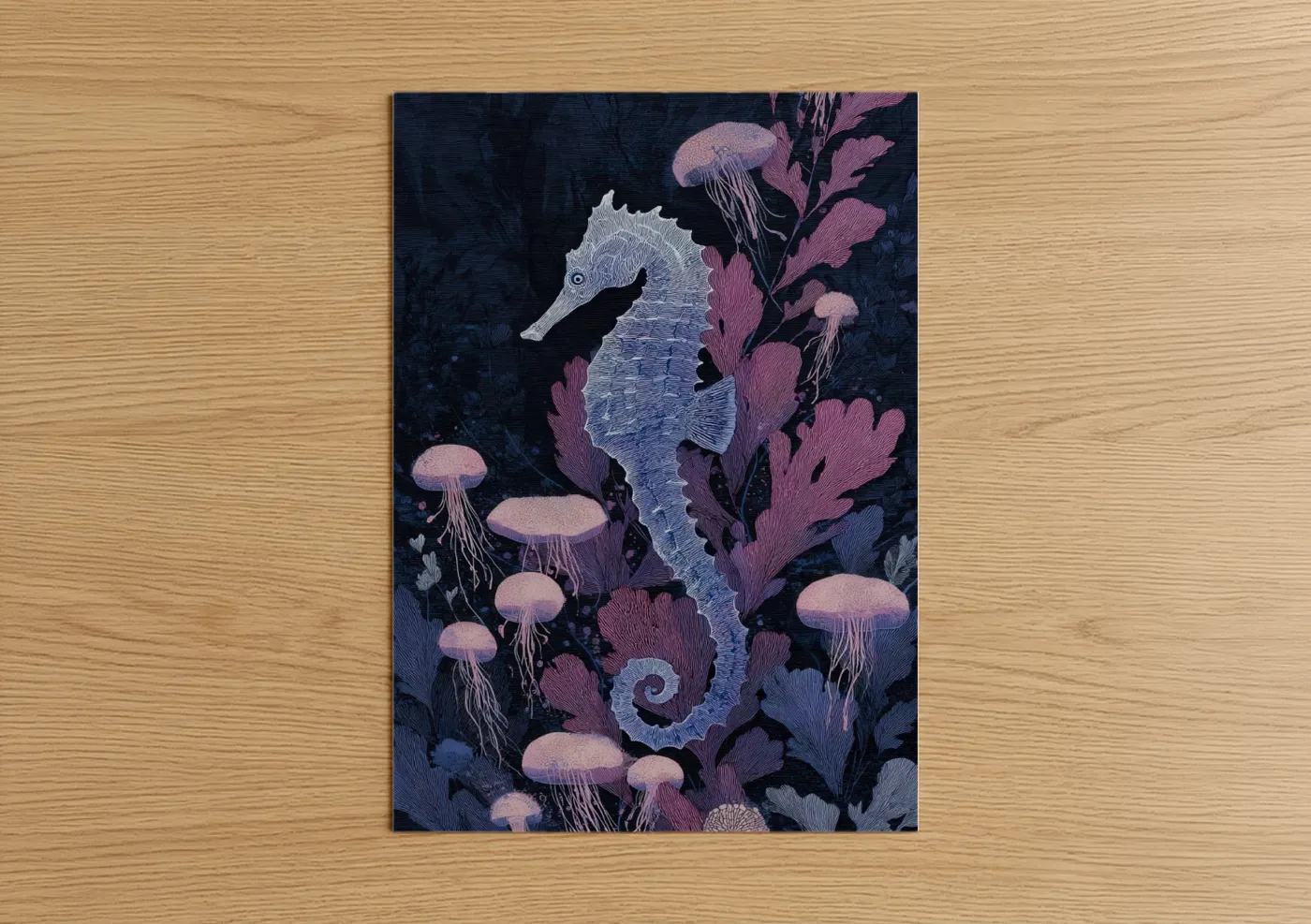 Sea horse art print on warm oak wood — blue and magenta palette — Ethereal Seahorse poster