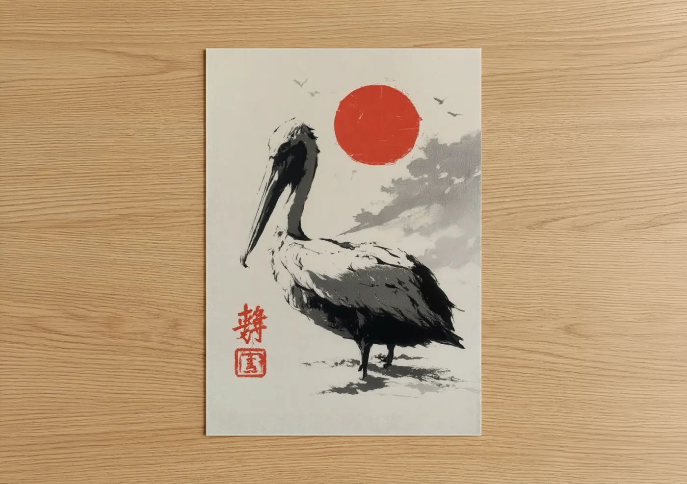 Crimson Sun Pelican Japanese Wall Art