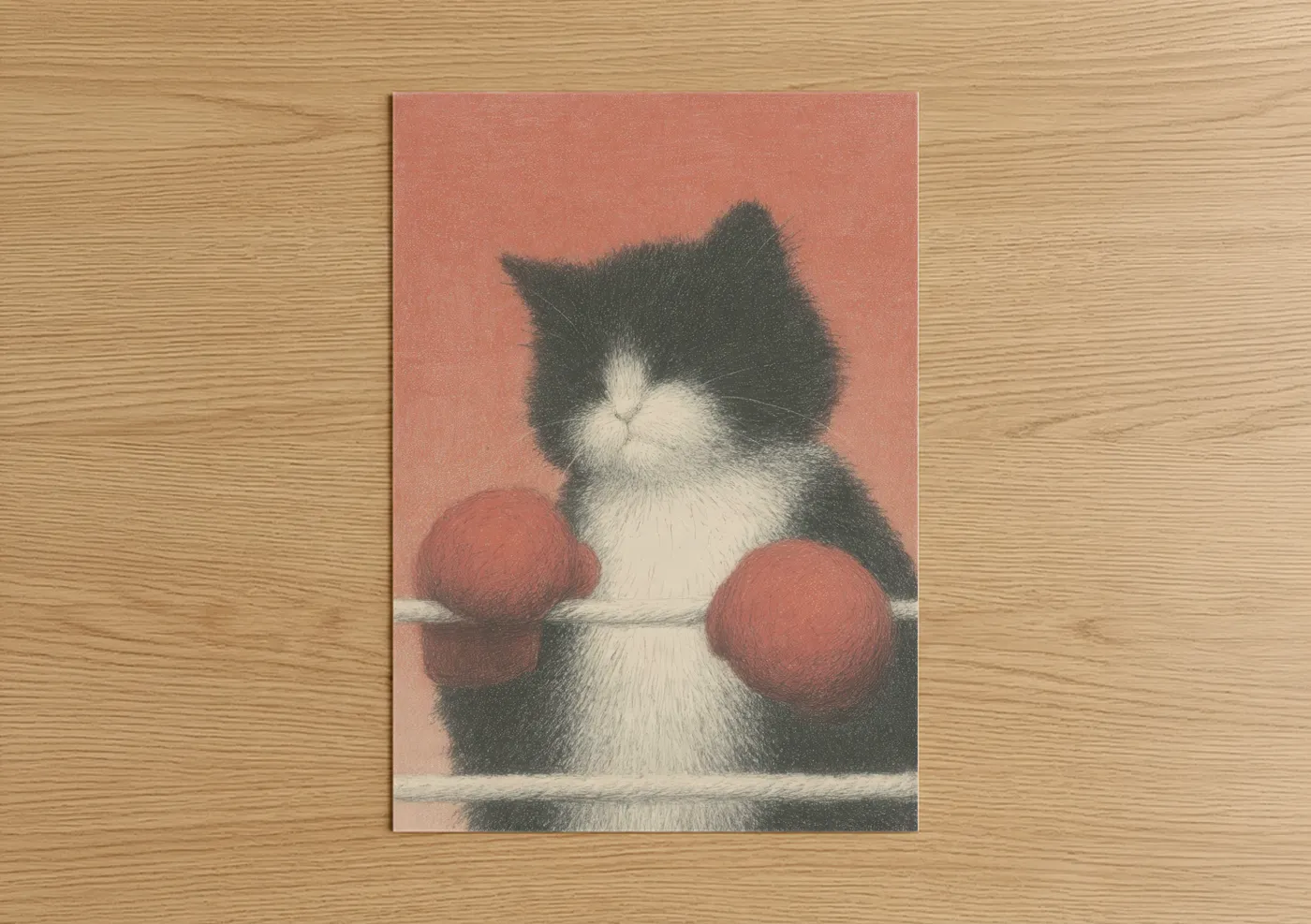 Art print on warm oak wood — salmon pink and black and white palette — Boxing Kitten poster