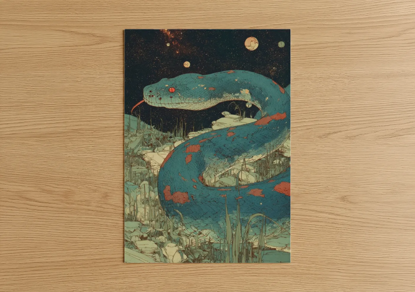 Art print on warm oak wood — teal and gold palette — Cosmic Boa Constrictor poster