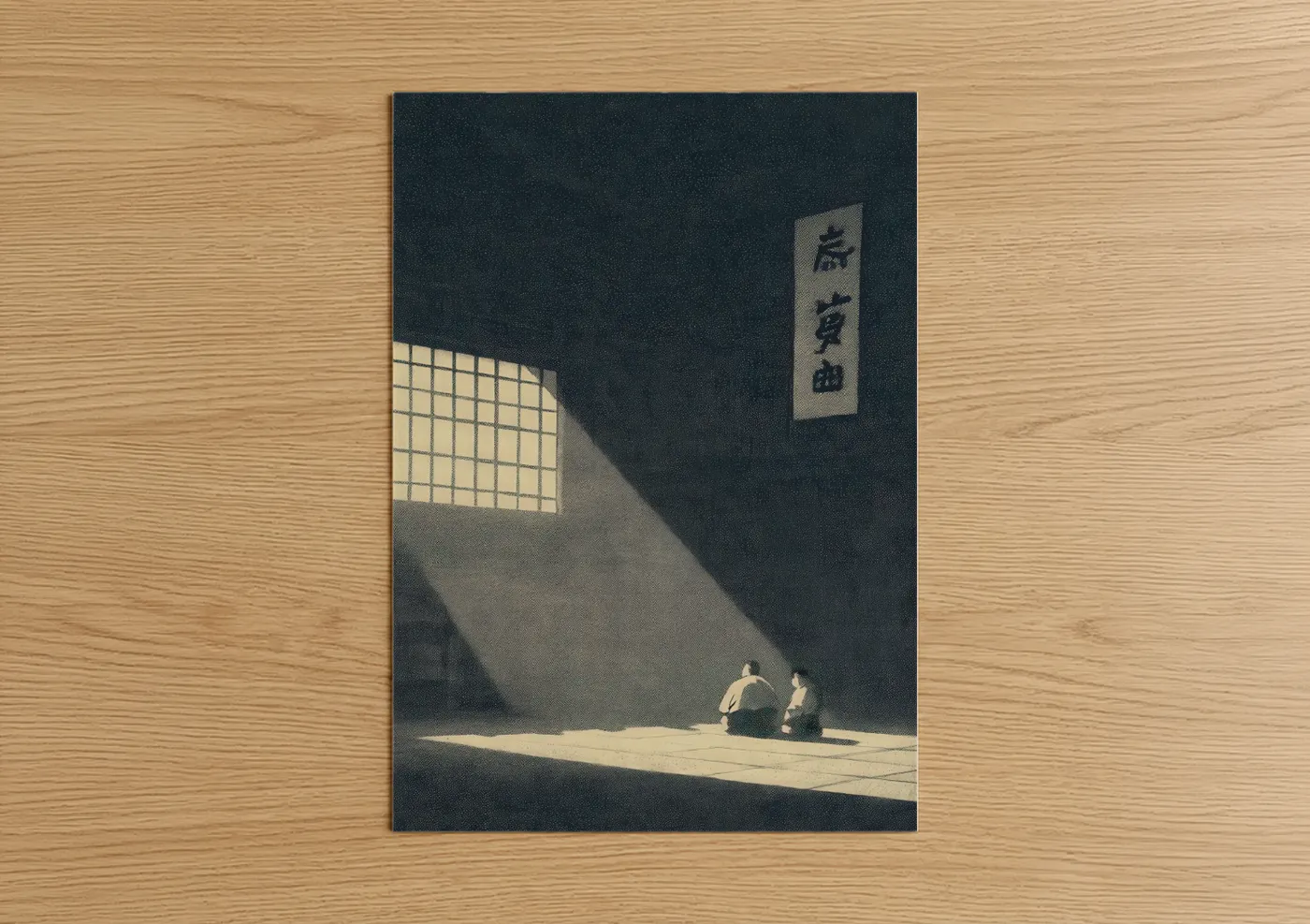Jiu jutsu art print on warm oak wood — dark blue and cream palette — Dojo Meditation poster