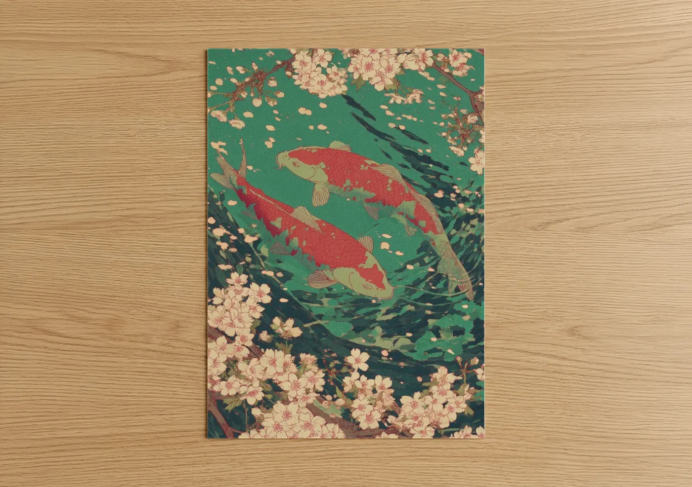 Art print on warm oak wood — green and red palette — Celestial Koi Pisces poster