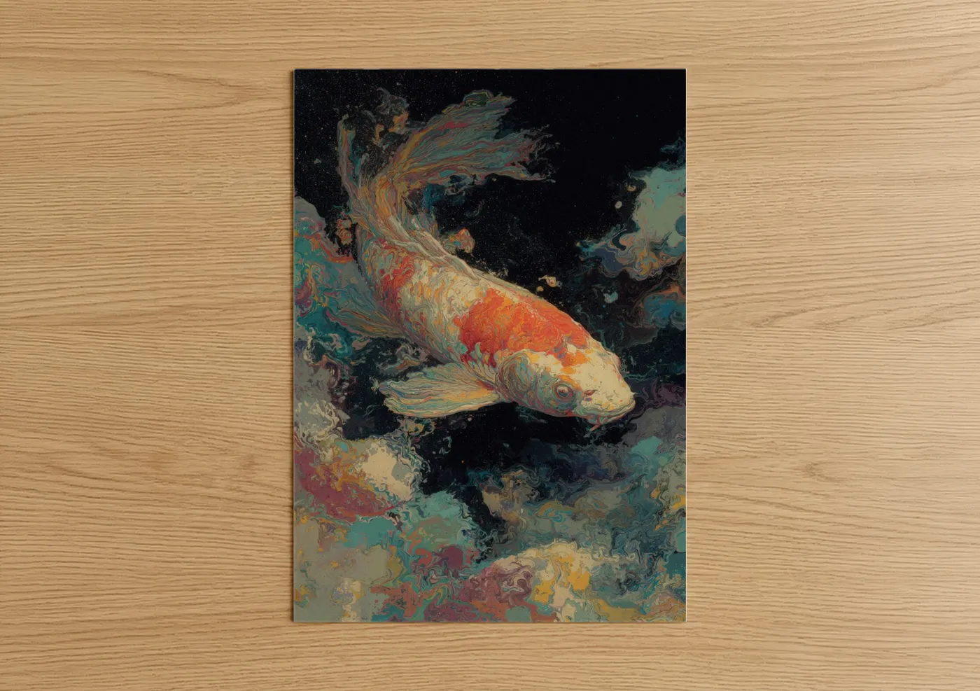 Koi fish art print on warm oak wood — gold and teal palette — Celestial Koi poster