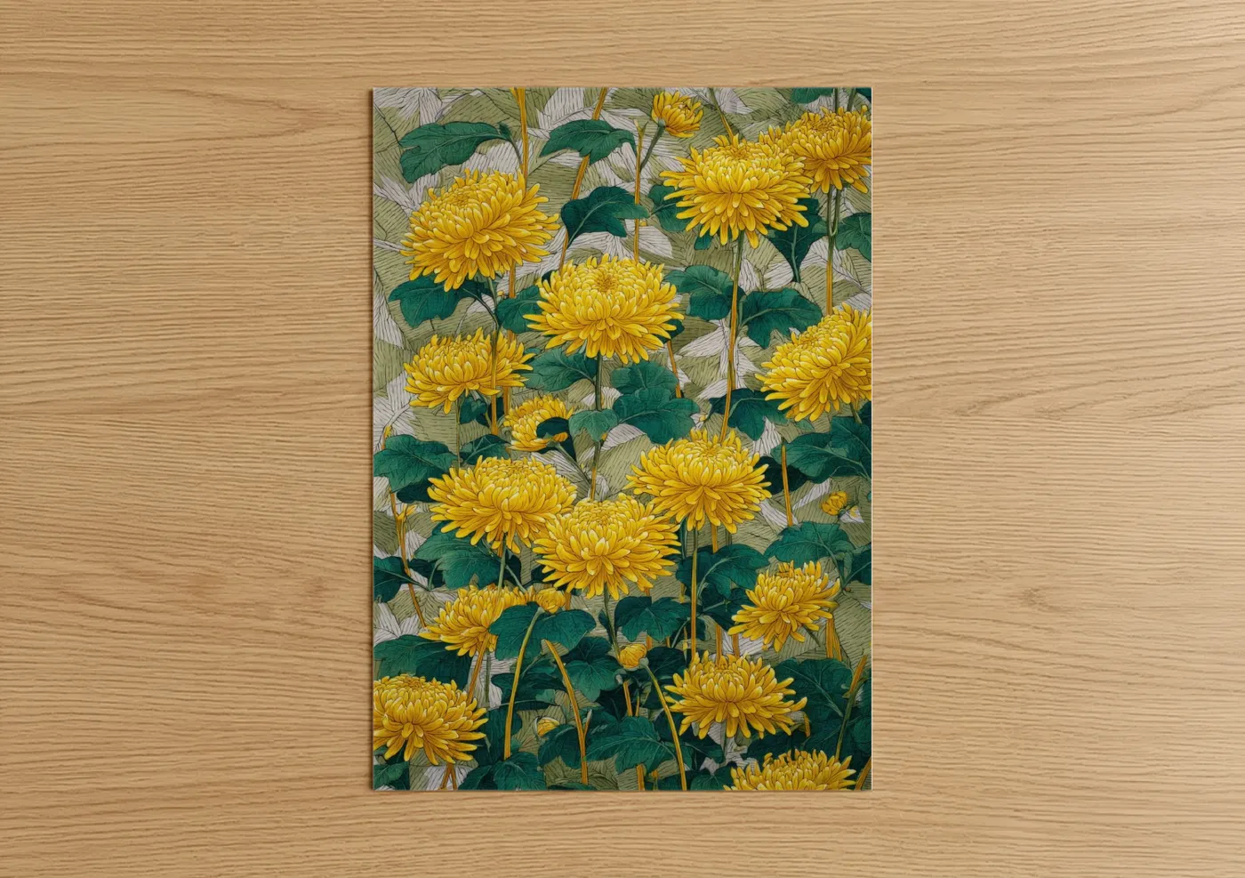 Art print on warm oak wood — yellow gold and dark green palette — Golden Amarillys Garden poster
