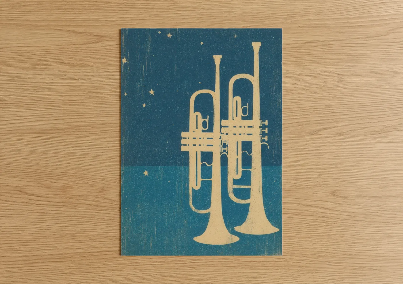 Art print on warm oak wood — dark blue and gold palette — Golden Trumpets poster