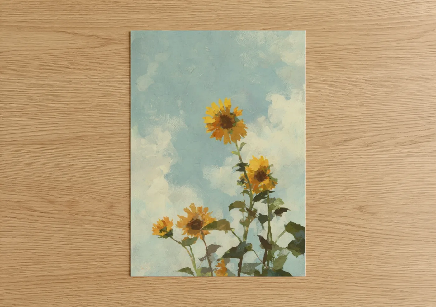 Sunflower field art print on warm oak wood — blue and yellow gold palette — Sunflowers Sky poster
