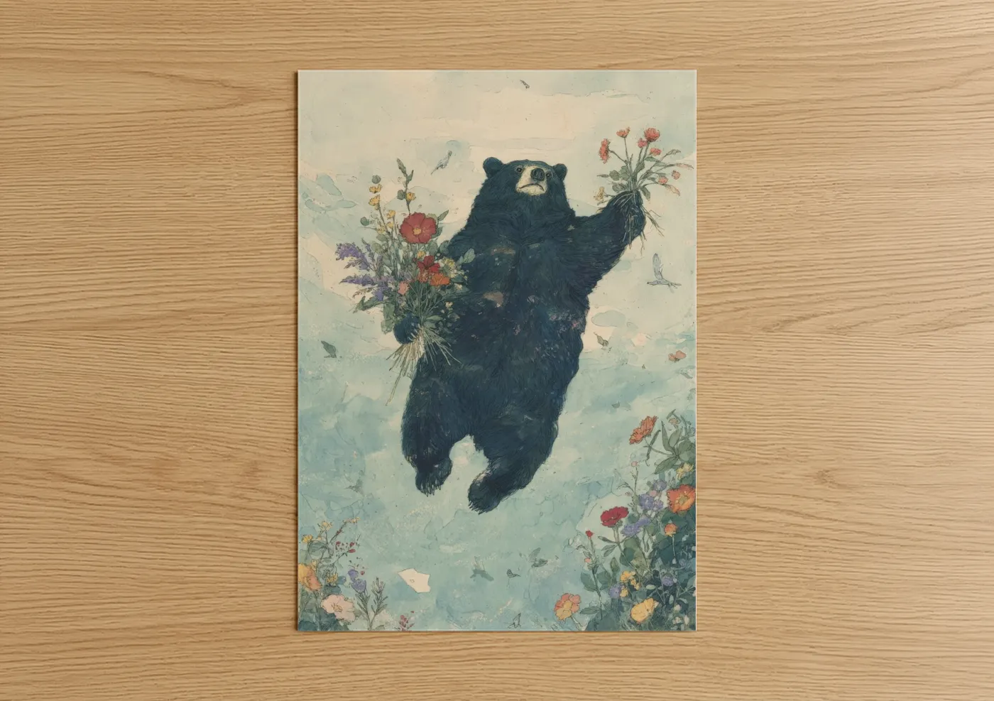 Whimsical Sloth Bear with Wildflowers Wall Art