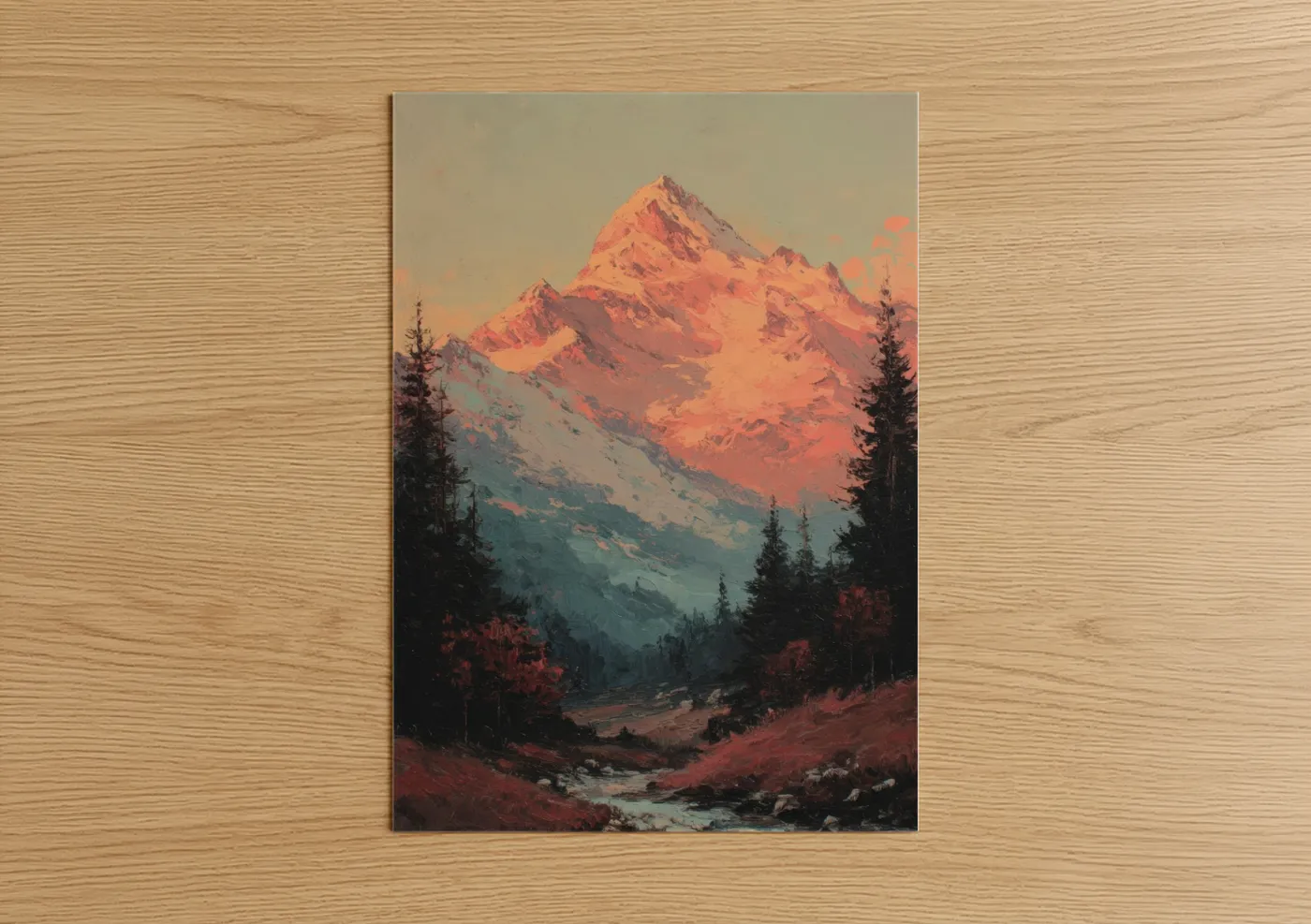 Mount everest art print on warm oak wood — gold and blue palette — Golden Peak Alpenglow poster