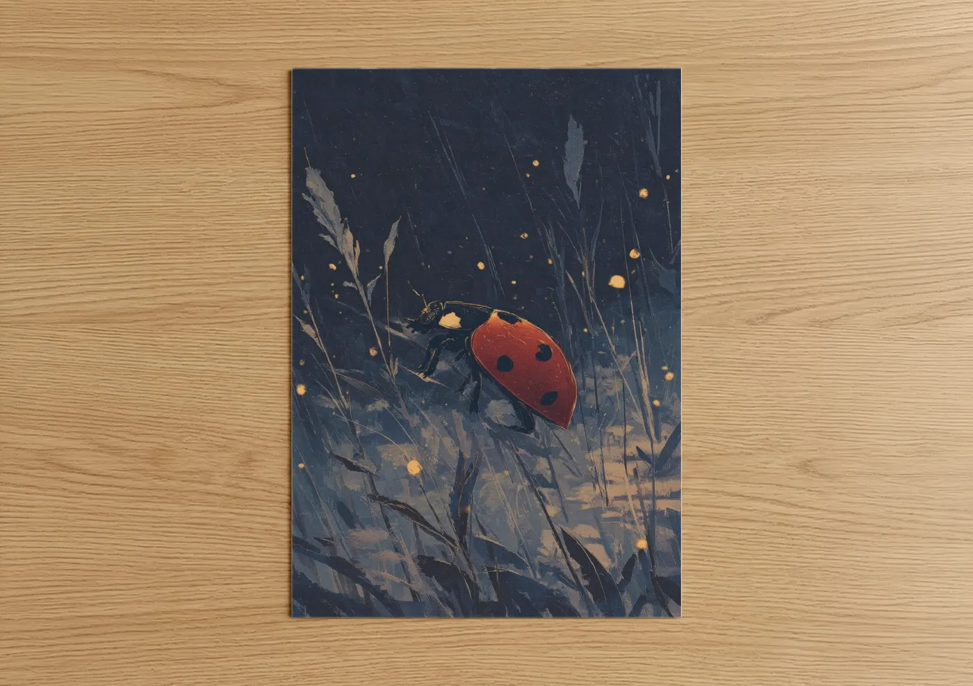 Art print on warm oak wood — dark blue and gold palette — Crimson Ladybug poster
