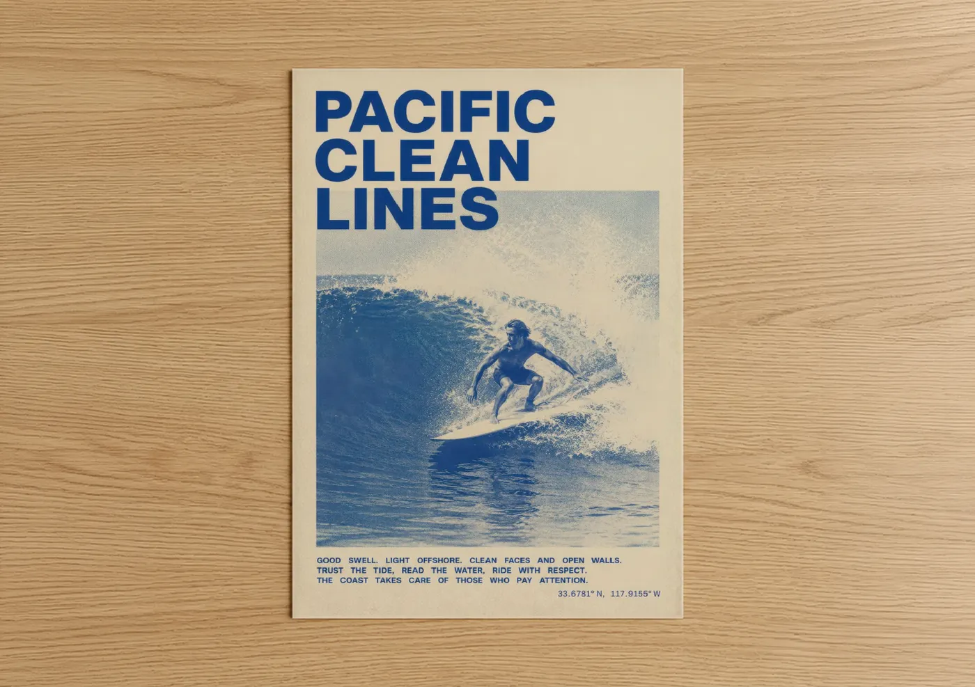 Art print on warm oak wood — blue and beige palette — Vintage Surfing Ocean Wave Wall Art poster