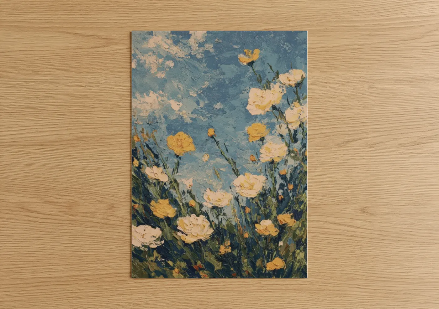 Roses art print on warm oak wood — blue and gold palette — Golden Bloom Garden poster