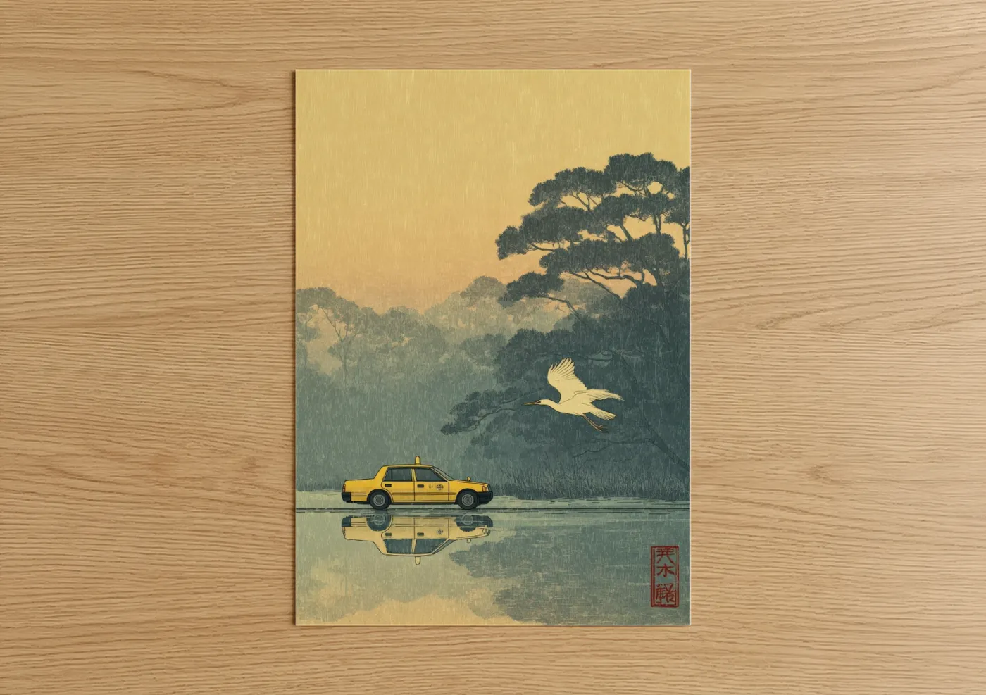 Yellow Taxi Cab Japanese Art Print Wall Art