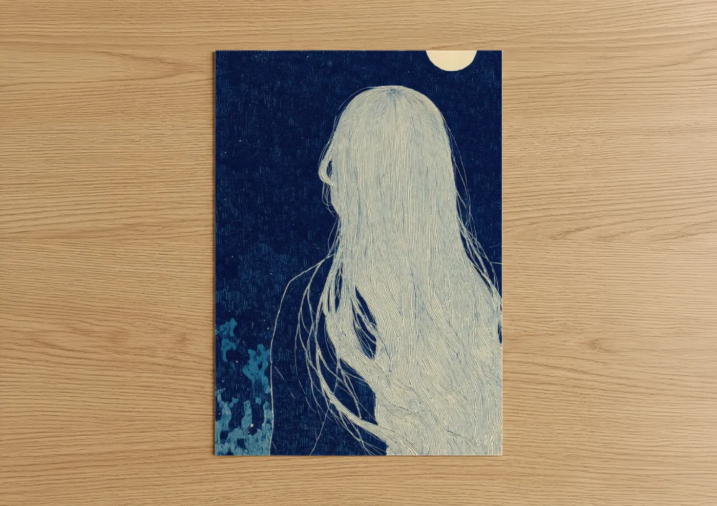 Long Hair Moonlit Night Line Wall Art