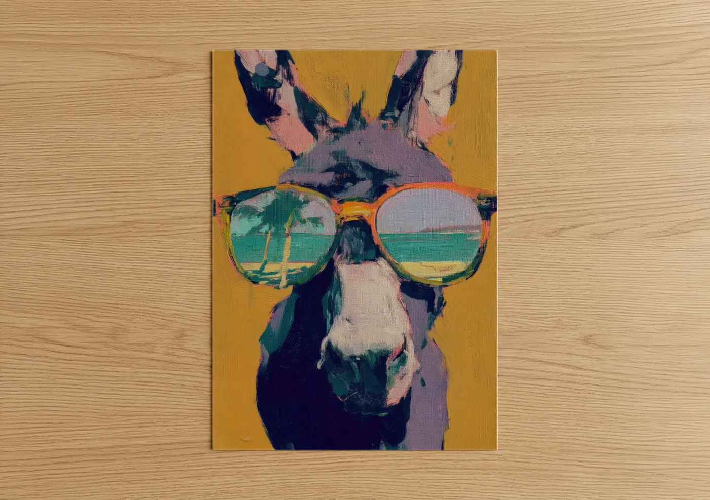 Art print on warm oak wood — yellow gold and teal palette — Cool Donkey poster