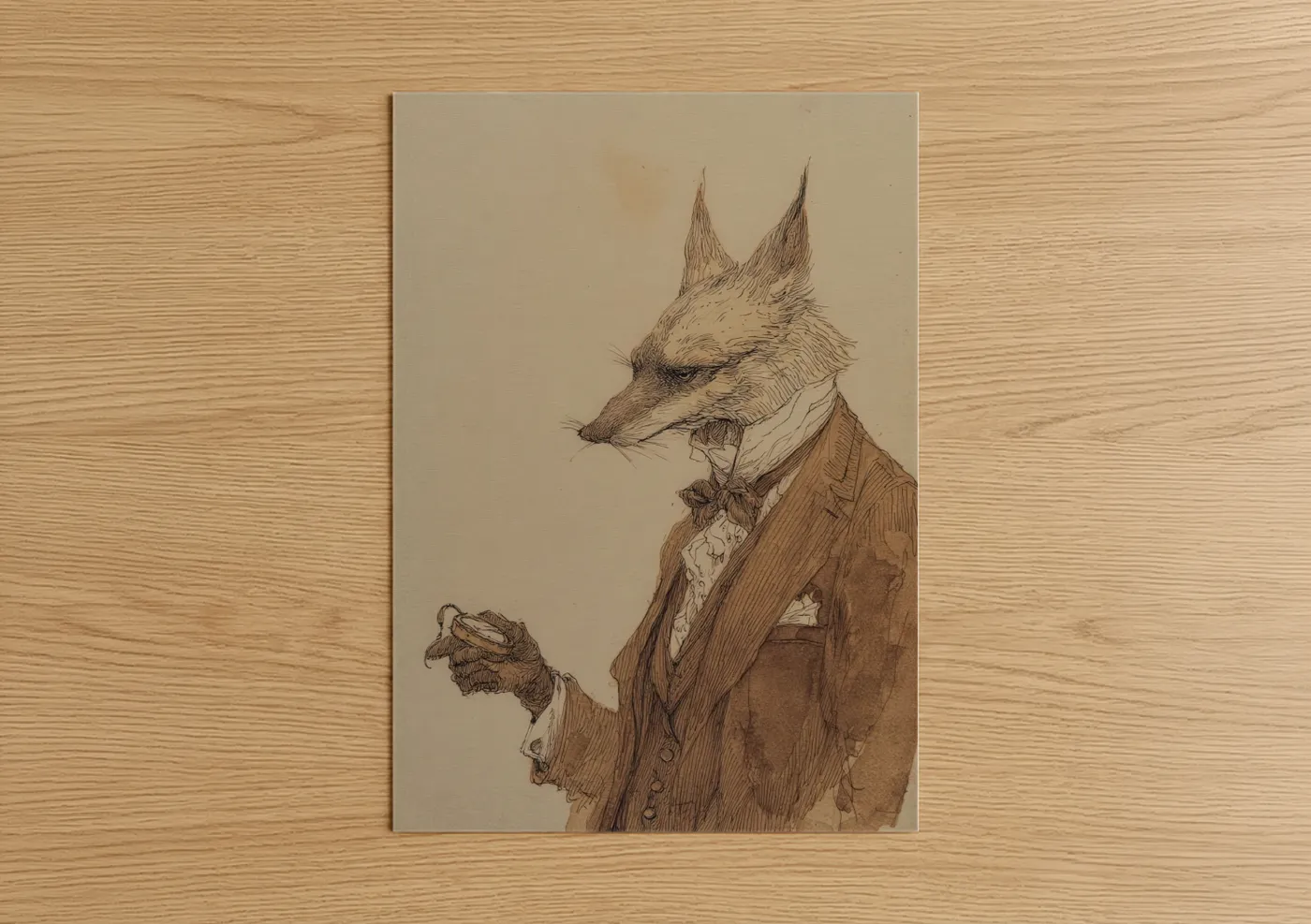 Art print on warm oak wood — beige and brown palette — Dapper Coyote poster