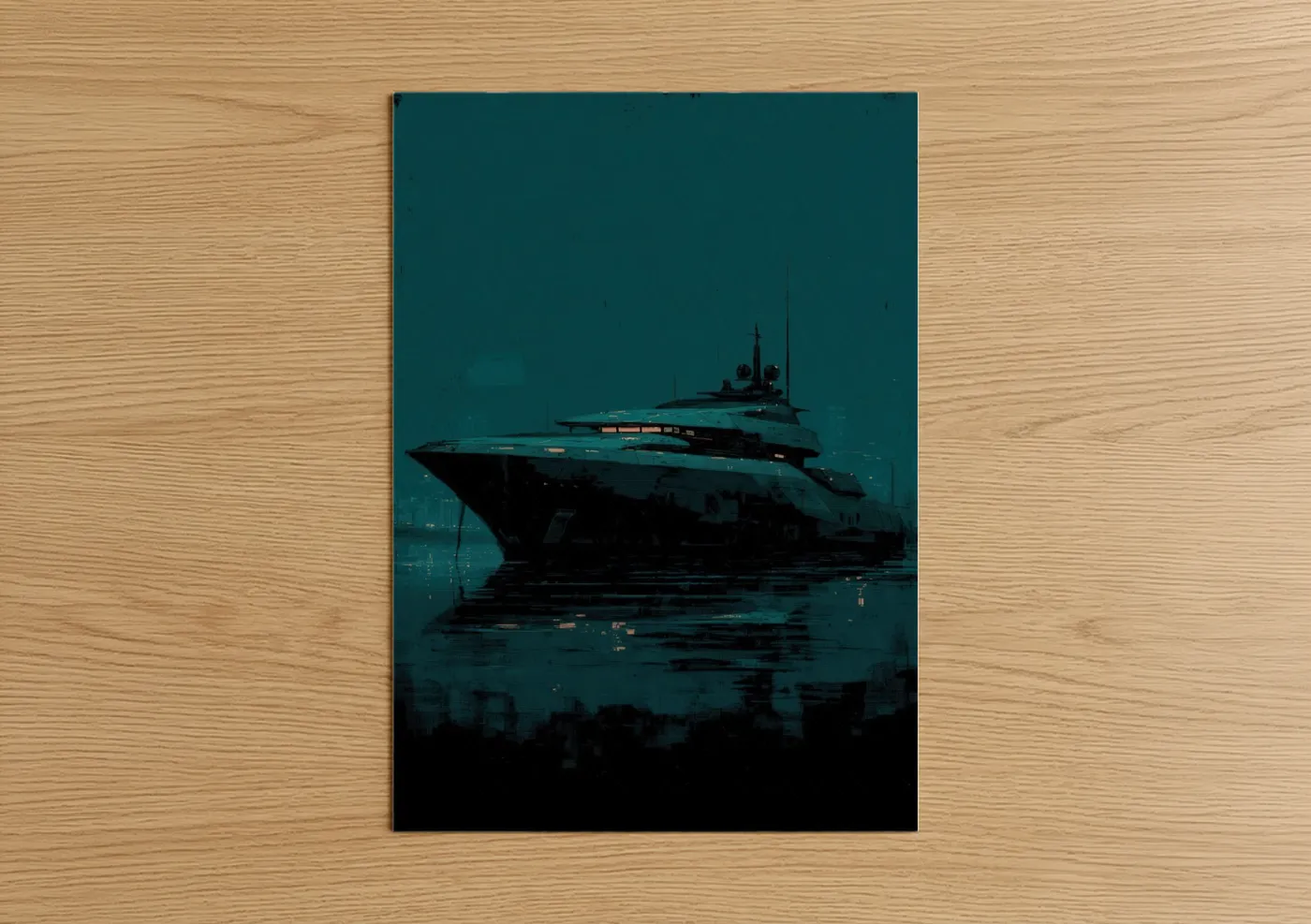 Yacth art print on warm oak wood — teal and black palette — Midnight Yacht poster