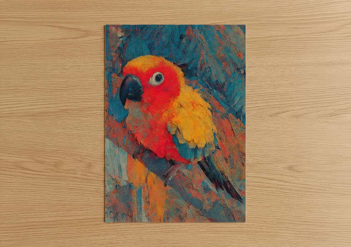 Safari parrots art print on warm oak wood — red and gold palette — Scarlet Macaw Portrait poster